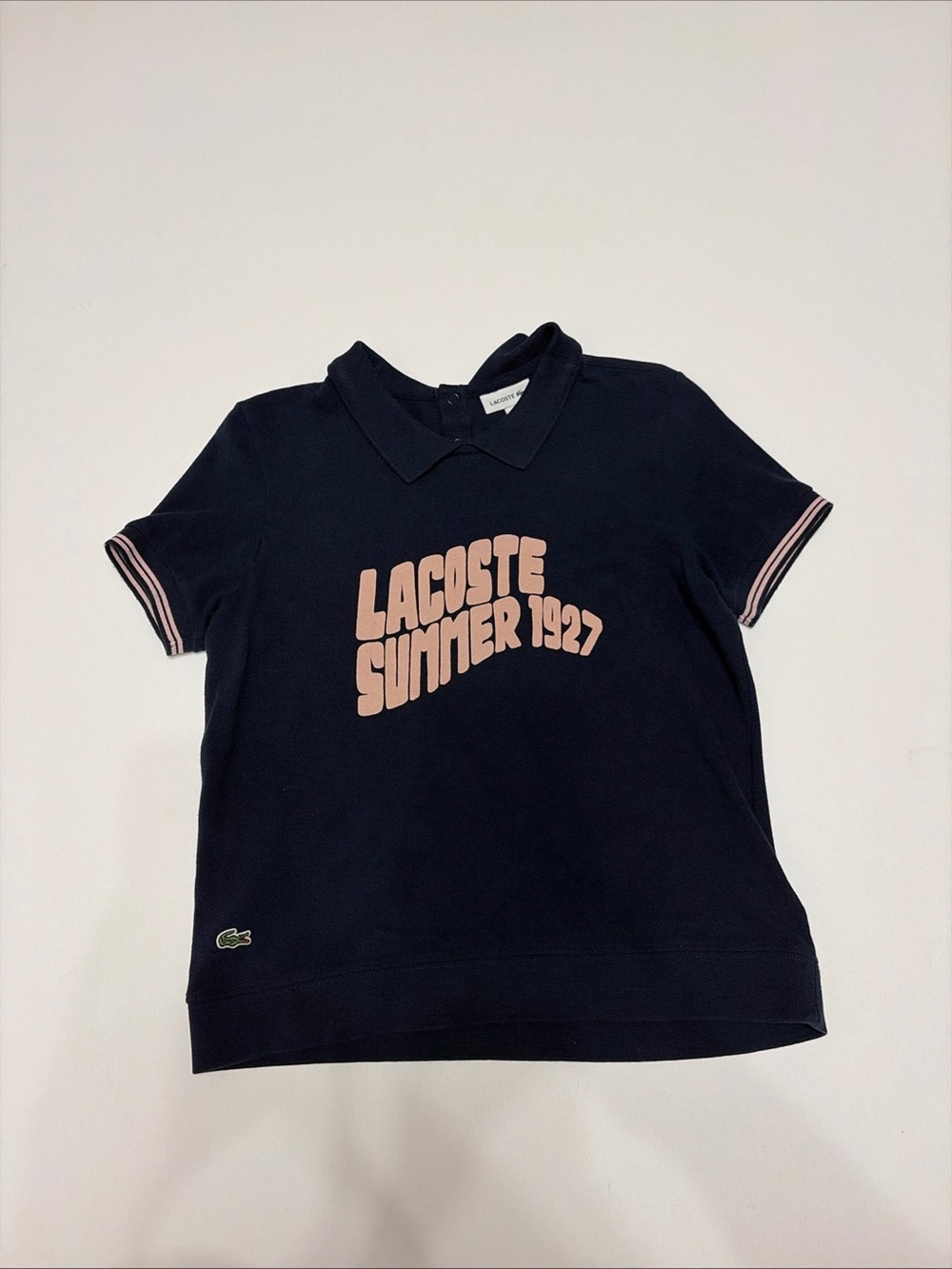 Lacoste Kids Navy Polo with Pink Logo Graphic SZ 10 preppy school wear casual